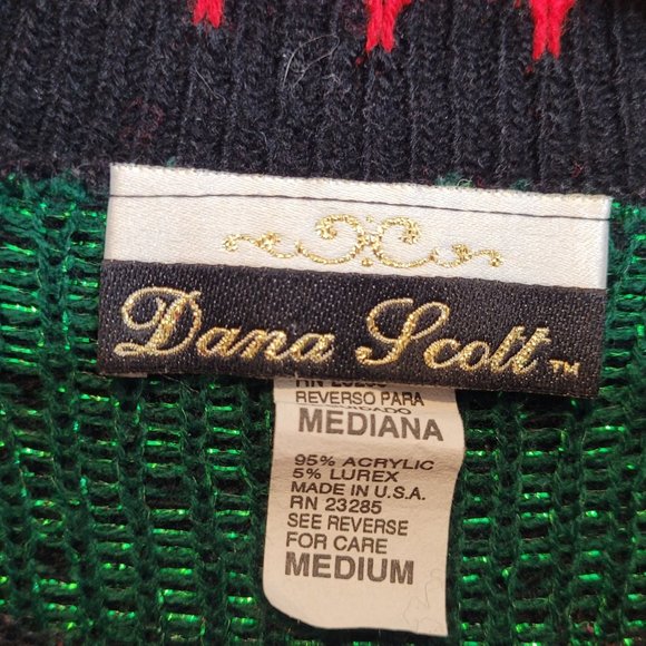 Vintage Christmas Sweater Poinsettia Black Red Dana Scott Acrylic Size Medium - Picture 9 of 15